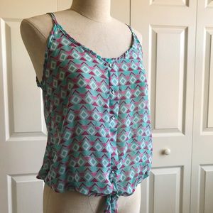 Sheer patterned button tank